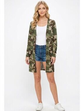 Women's Camo Open-Front Long Cardigan Jacket - Green Camo